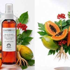 visuel publicitaire cosmétique Dermotechnology Bio-Glow Mist avec fruits et plantes généré par intelligence artificielle