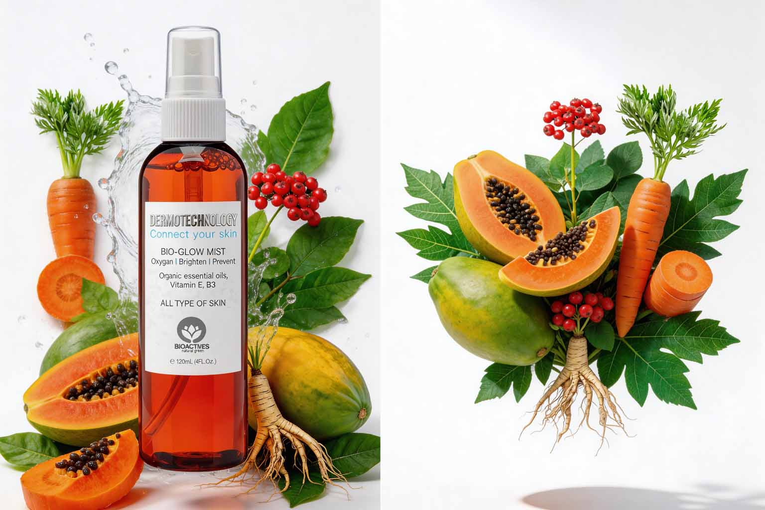 visuel publicitaire cosmétique Dermotechnology Bio-Glow Mist avec fruits et plantes généré par intelligence artificielle