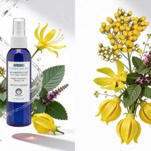 visuel publicitaire cosmétique Dermotechnology Bio-Immortelle Mist avec fleurs et plantes généré par intelligence artificielle