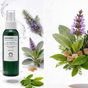 visuel publicitaire cosmétique Dermotechnology Bio-Pure Mist avec plantes aromatiques généré par intelligence artificielle