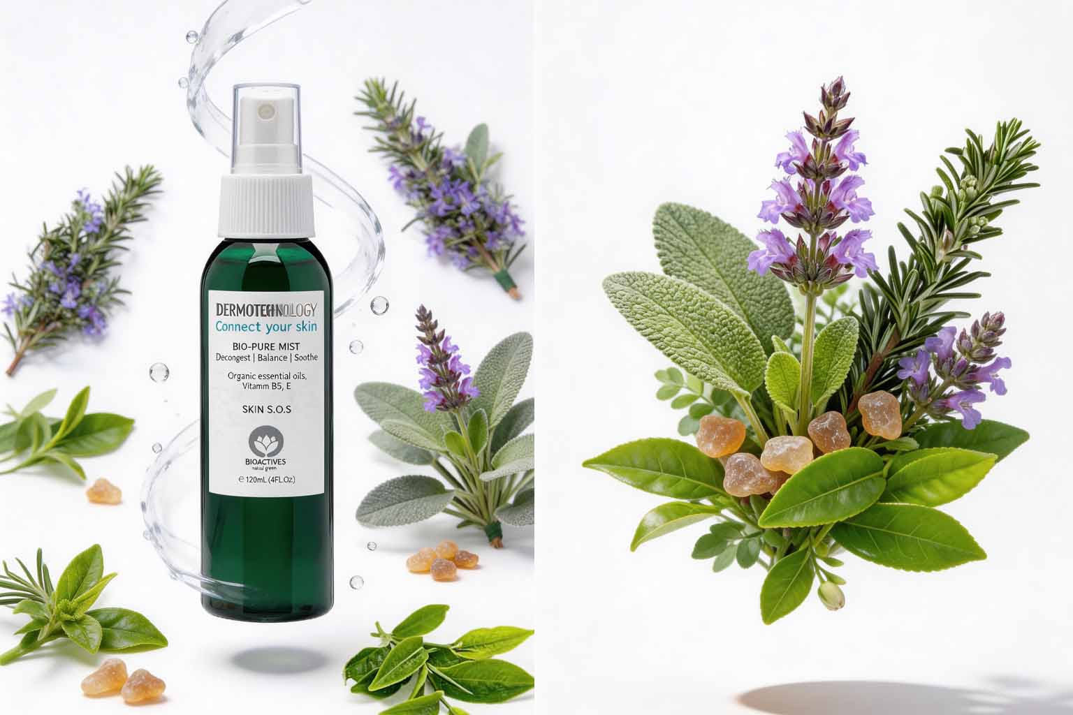 visuel publicitaire cosmétique Dermotechnology Bio-Pure Mist avec plantes aromatiques généré par intelligence artificielle