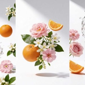 visuel publicitaire cosmétique Dermotechnology Bio-Lift Mist généré par intelligence artificielle avec fleurs et agrumes